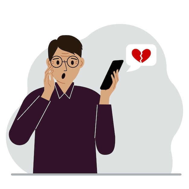 Surprised man reading a message on his mobile phone Message with a broken red heart Vector