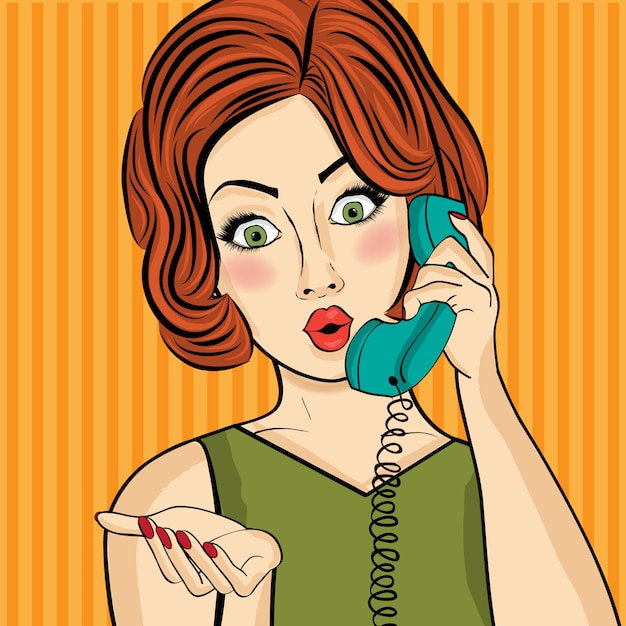 Surprised pop art  woman chatting on retro phone