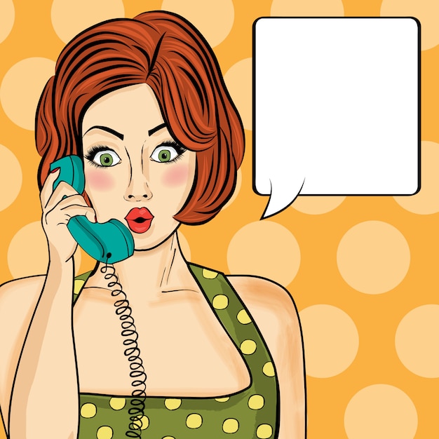 Vector surprised pop art  woman chatting on retro phone