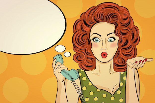 Vector surprised pop art woman with retro phone, who tells her secrets. pin-up girl.