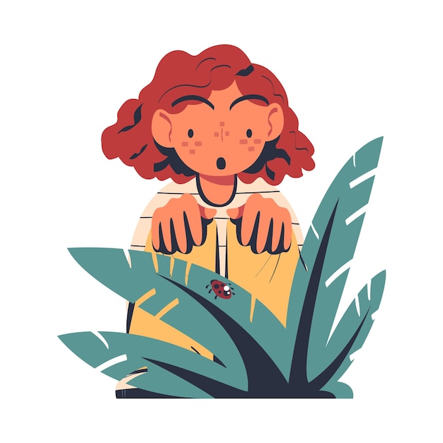Surprised redhead woman character studying nature exploring crawling on grass ladybug vector