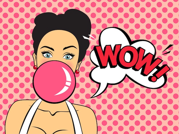 Surprised sexy woman with bubble gum. beautiful girl saying wow.   illustration
