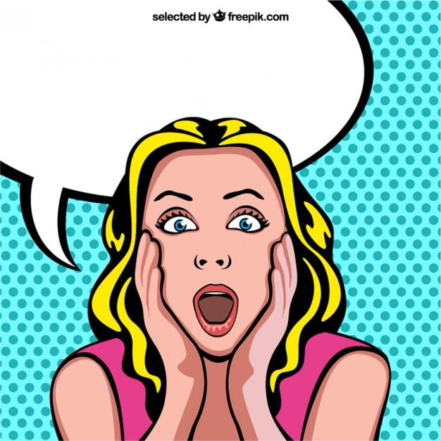 Vector surprised woman cartoon with blank speech bubble