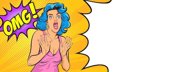 Surprised woman open mouth and omg speech bubble pop art retro comic style.