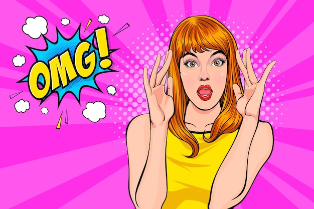 Surprised woman with open mouth Colorful vector background in pop art retro comic style.