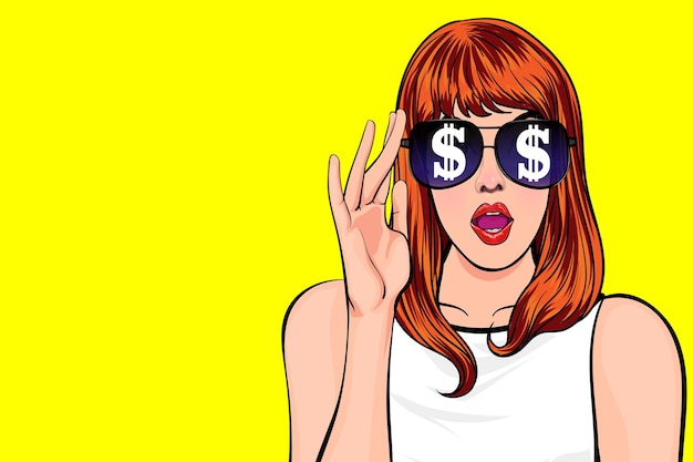 Donna sorpresa con la bocca aperta monitoraggio finanziario dollaro valuta in occhiali stile fumetto pop art