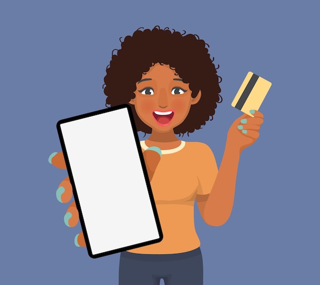 驚いた若いアフリカ人女性がクレジットカードを握り スマートフォンを空の画面で表示しています