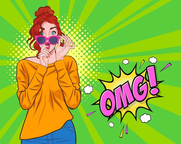 Surprised young woman say OMG and hand touch glasses looking something  in Pop Art Comic Style