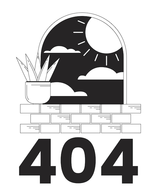 Surreal arch with plant on windowsill black white error 404 flash message Night sun Monochrome empty state ui design Page not found popup cartoon image Vector flat outline illustration concept