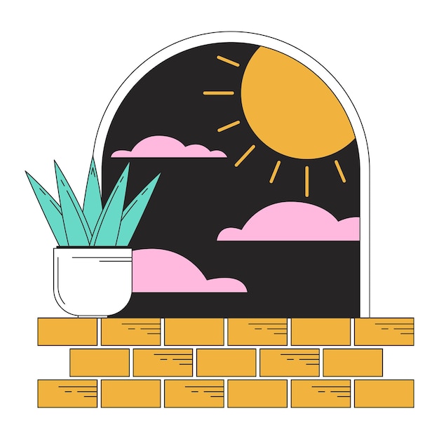 Surreal arch with plant on windowsill flat line concept vector spot illustration Sun nighttime 2D cartoon outline scene on white for web UI design Surrealismus editable isolated color hero image