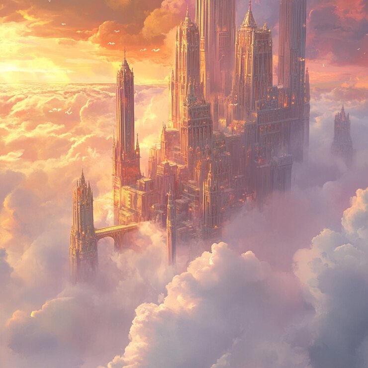 Vector surreal cloud city in the sky