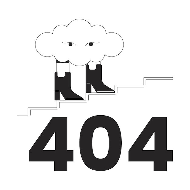 Surreal cloud walking in boots black white error 404 flash message Cumulus stairs climb Monochrome empty state ui design Page not found popup cartoon image Vector flat outline illustration concept