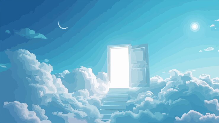 Vector surreal ladder leading to door in sky concept of opportunity and success