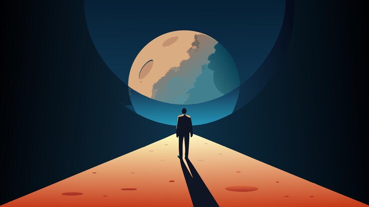 Vector in a surreal scene a figure stands on the moon peering out at the vastness of space but the figures
