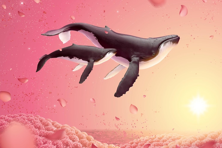Vector surreal scene of humpback whales swimming in romantic floral fields, 3d illustration