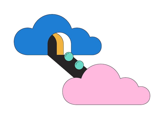 Surrealism clouds flat line concept vector spot illustration Psychedelic clouds 2D cartoon outline scene on white for web UI design Spheres rolling down ramp editable isolated color hero image