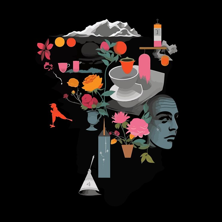 Vector surrealistic collage of divers element eye body parts mixed aesthetic and colorfull