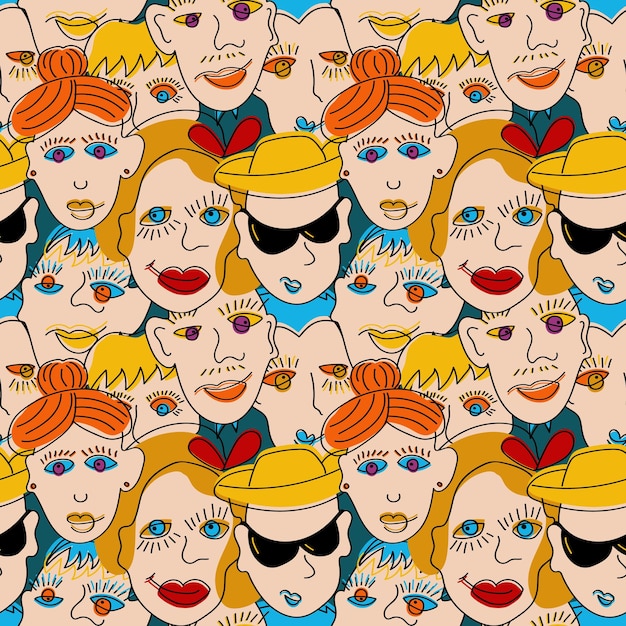 Surrealistic faces in funny abstract style Hand drawn Seamless pattern for printing on any surfaces