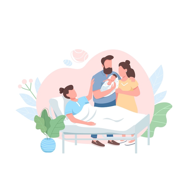 Vector surrogate mom with heterosexual couple flat color faceless character. wife and husband with newborn. alternative child birth isolated cartoon illustration for web graphic design and animation