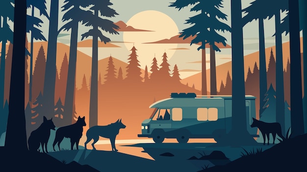 Vector surrounded by towering trees in a dense forest a camper witnesses a rare sighting of a family of