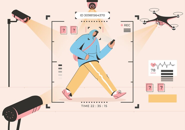 Surveillance technology concept face recognition of man walking street