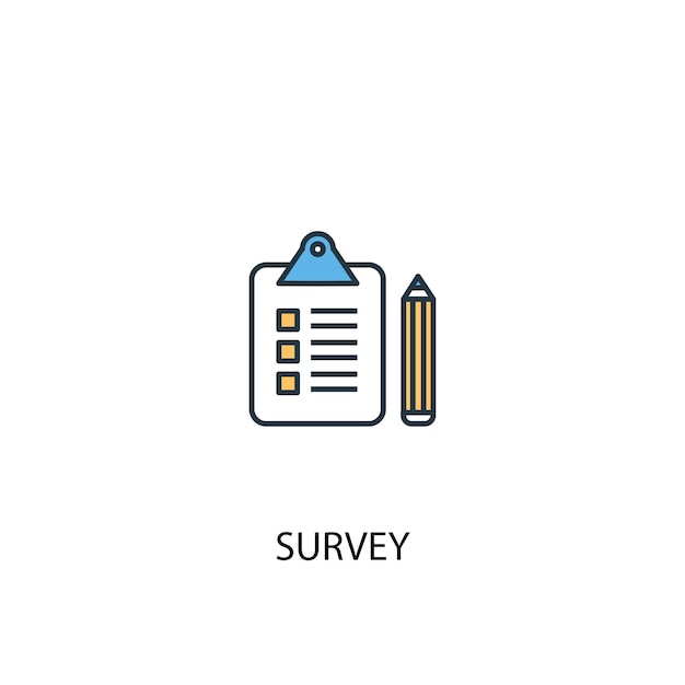 설문 조사 개념 2 컬러 라인 아이콘입니다. 간단한 노란색과 파란색 요소 그림입니다. 설문 조사 개념 개요 기호 디자인