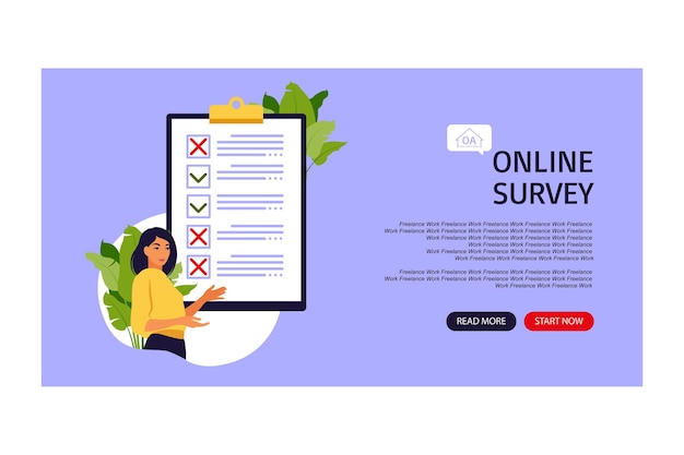 Vector survey of customer satisfaction. landing page. piece of paper with ticks and crosses. small people characters fill out a form. vector illustration. flat style.