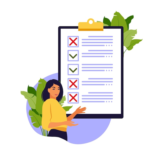 Vector survey of customer satisfaction. piece of paper with ticks and crosses. small people characters fill out a form. vector illustration. flat style.