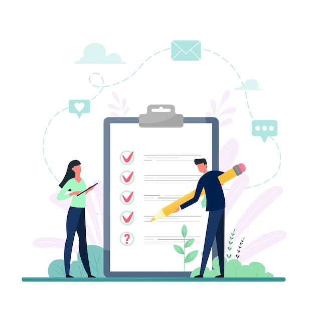 Survey illustration. flat mini persons concept with quality test and satisfaction report. feedback from customers or opinion form. client answers understanding with professional research team