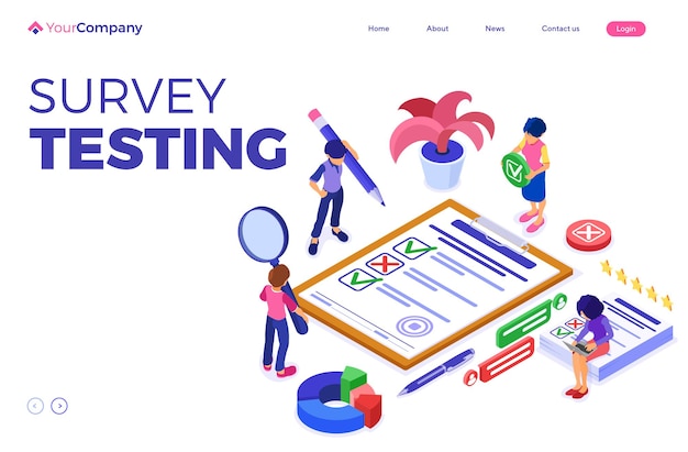 Vector survey or test banner with isometric characters. feedback online chat. questionnaire form on clipboard. survey research. landing page template. isometric vector illustration