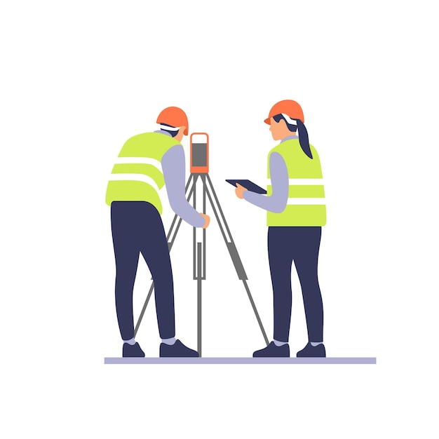 Vector surveyor engineers with equipment theodolite or total positioning station on the construction site