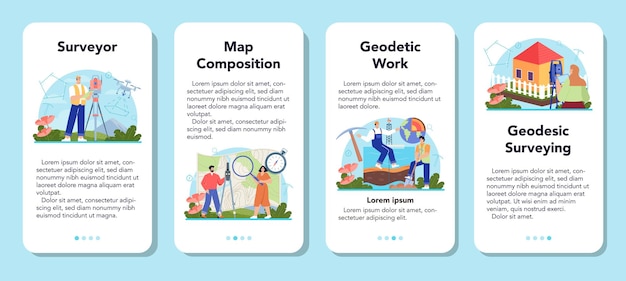 ベクトル 測量士モバイルアプリケーションバナーセット。土地測量技術