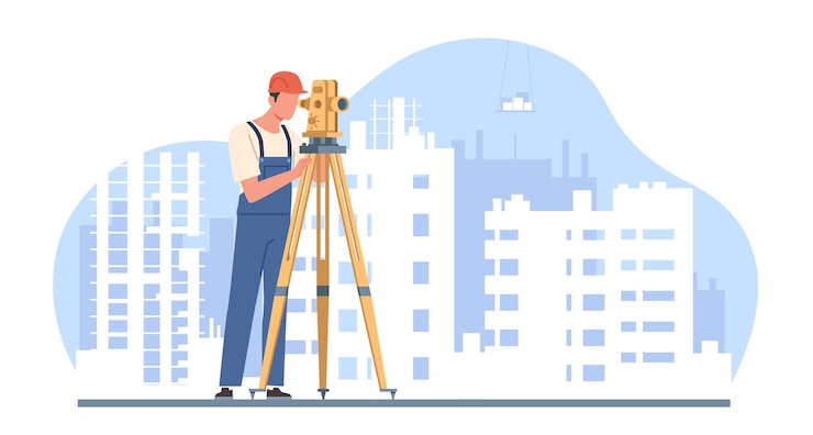 Vector surveyor takes measurements with equipment at site under construction professional engineer with geodetic device level theodolite on tripod cartoon flat isolated illustration vector concept