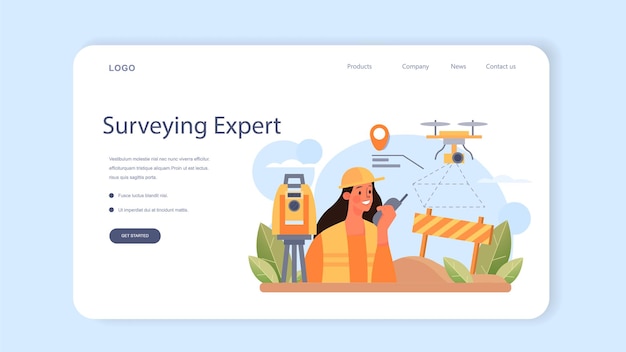 Surveyor web banner or landing page. land surveying technology, geodesy science. construction business, mapmaking and real estate project. topographic equipment. flat vector illustration