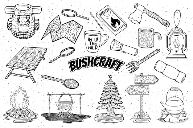 Survival equipment bushcraft hiking en camping items vector illustratie