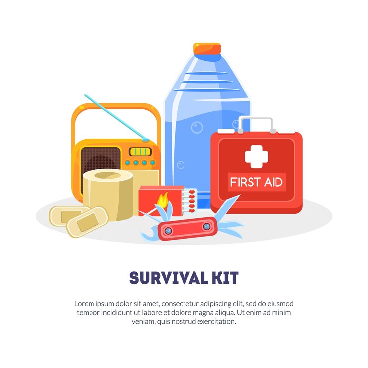 Vector survival kit banner template with space for text travel necessities first aid kit radio bottle of water radio box of matches vector illustration web design