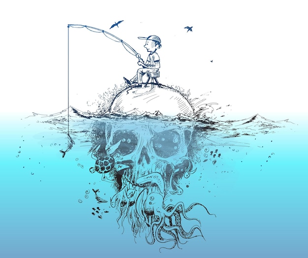 Survival visser zittend op onderwater schedel jacht op vis pirate design poster vector illustration