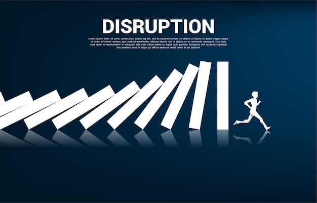 Surviving business disruption. Silhouette of businessman run away from domino collapse with graph background. Concept of business industry disrupt