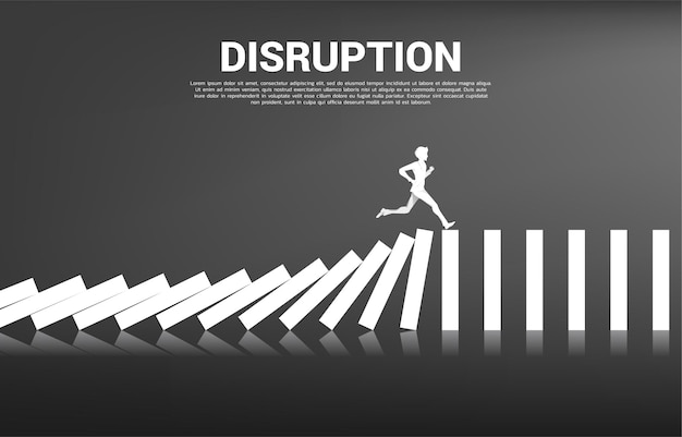 Surviving business disruption. silhouette of businessman running from domino collapse. concept of business industry disrupt