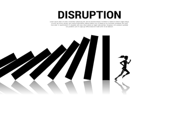 surviving business disruption. silhouette of businesswoman run away from domino collapse with graph background. concept of business industry disrupt