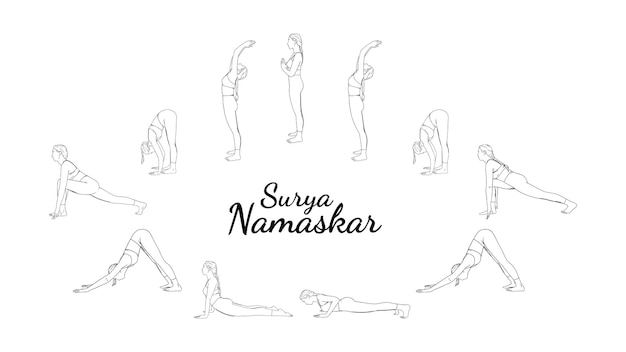 Surya namaskar sequenza di yoga saluto al sole passi nello yoga illustrazione vettoriale incisa Vettore Premium