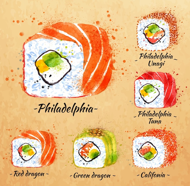 Sushi aquarel vastgestelde hand getekend met vlekken en rollen, philadelphia, rode draak