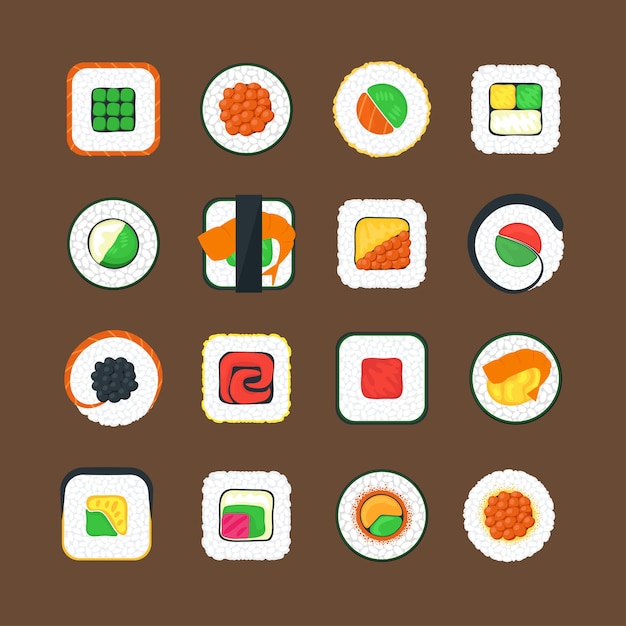 Sushi Asian Food Color Icons Set Tasty Oriental Cuisine Concept Web Style Design. Vector illustration