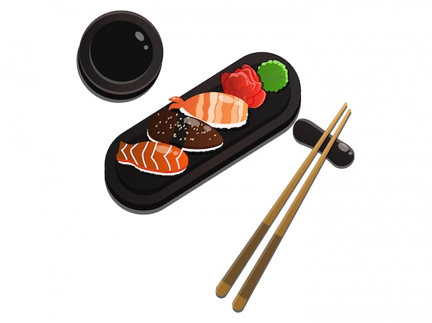 Vector sushi aziatische vis eten realistische set met eetstokjes en kruiden