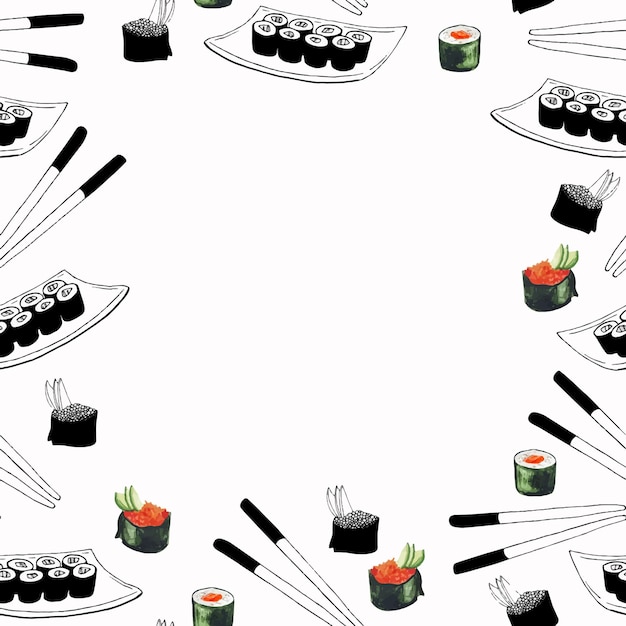 스시 배경 프레임 낙서 및 수채화 손으로 그린 해산물 장식