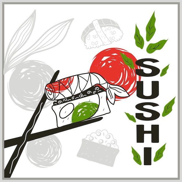 Суши-баннер или карточный шаблон плаката для суши-ресторана японской кухни, нарисованные вручную векторной иллюстрацией на белом фоне