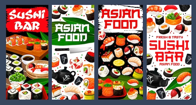 Vector sushi bar asian food banners japan restaurant