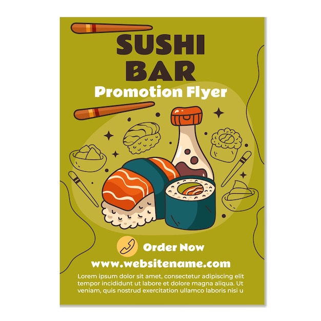 Vector sushi bar asian food promo flyer poster template concept flat cartoon design element illustr