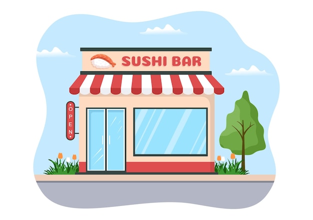 Суши-бар Япония Азиатская еда шаблон рисованной мультфильм плоская иллюстрация