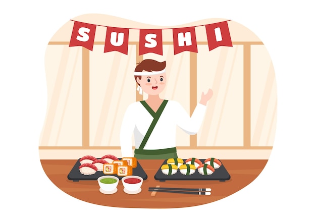 Sushi bar japan aziatisch eten sjabloon hand getekende cartoon vlakke afbeelding